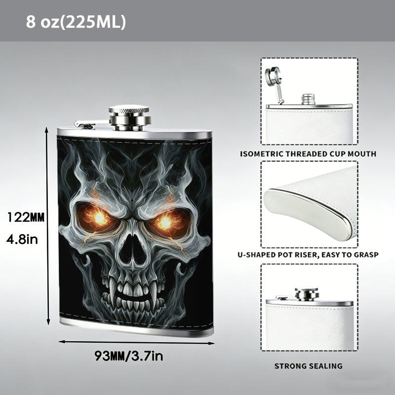 Skull with glowing eyes on black background 8oz Flask, Stainless Steel Whiskey Bottle Gift  for Women, Home Kitchen Bar Tools, Gift Box, Holiday Gift, Christmas, Valentine's Day, Girlfriend, Mom, Present