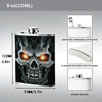 Skull with glowing eyes on black background 8oz Flask, Stainless Steel Whiskey Bottle Gift  for Women, Home Kitchen Bar Tools, Gift Box, Holiday Gift, Christmas, Valentine's Day, Girlfriend, Mom, Present
