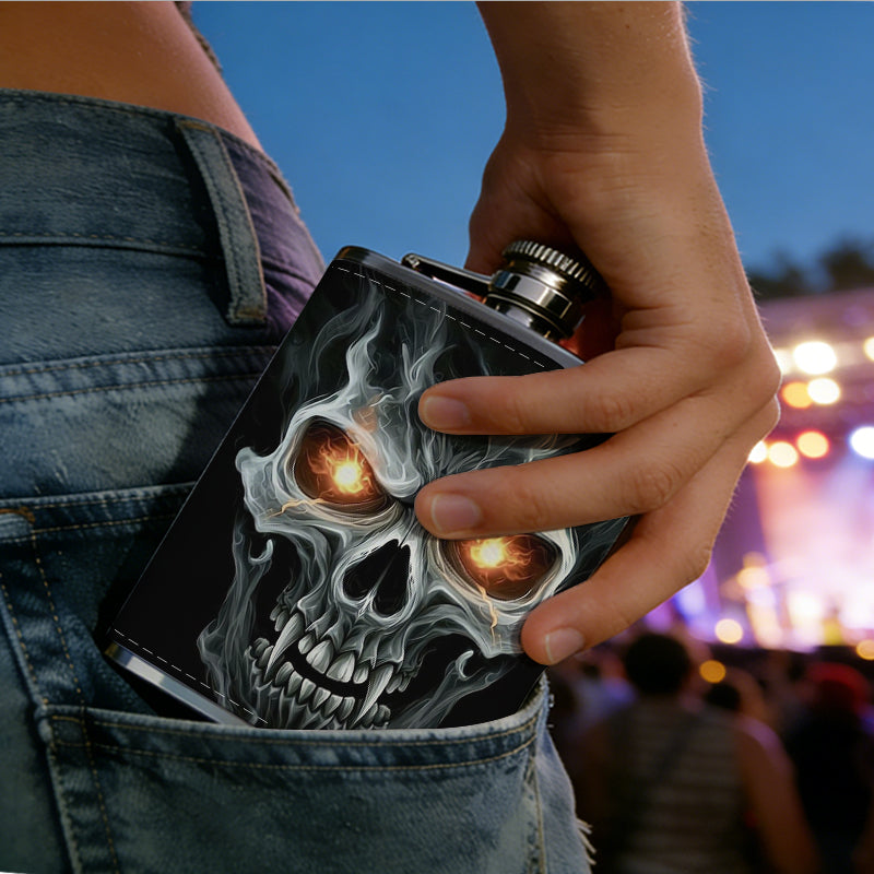 Skull with glowing eyes on black background 8oz Flask, Stainless Steel Whiskey Bottle Gift  for Women, Home Kitchen Bar Tools, Gift Box, Holiday Gift, Christmas, Valentine's Day, Girlfriend, Mom, Present