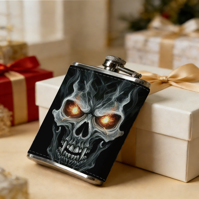 Skull with glowing eyes on black background 8oz Flask, Stainless Steel Whiskey Bottle Gift  for Women, Home Kitchen Bar Tools, Gift Box, Holiday Gift, Christmas, Valentine's Day, Girlfriend, Mom, Present