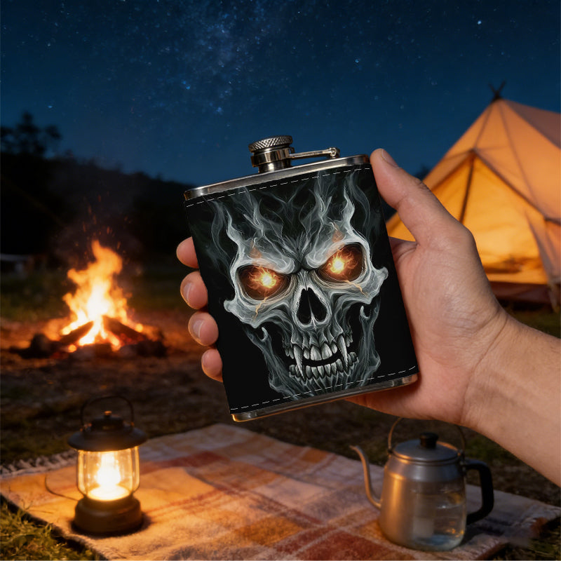Skull with glowing eyes on black background 8oz Flask, Stainless Steel Whiskey Bottle Gift  for Women, Home Kitchen Bar Tools, Gift Box, Holiday Gift, Christmas, Valentine's Day, Girlfriend, Mom, Present