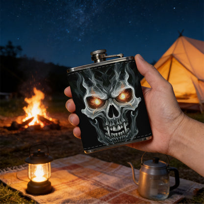 Skull with glowing eyes on black background 8oz Flask, Stainless Steel Whiskey Bottle Gift  for Women, Home Kitchen Bar Tools, Gift Box, Holiday Gift, Christmas, Valentine's Day, Girlfriend, Mom, Present