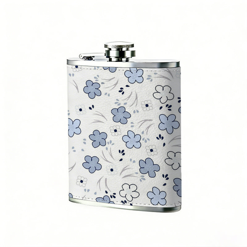 Blue and white floral pattern with tiny dots 8oz Flask, Stainless Steel Whiskey Bottle Gift  for Women, Home Kitchen Bar Tools, Gift Box, Holiday Gift, Christmas, Valentine's Day, Girlfriend, Mom, Present