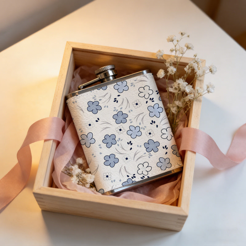Blue and white floral pattern with tiny dots 8oz Flask, Stainless Steel Whiskey Bottle Gift  for Women, Home Kitchen Bar Tools, Gift Box, Holiday Gift, Christmas, Valentine's Day, Girlfriend, Mom, Present