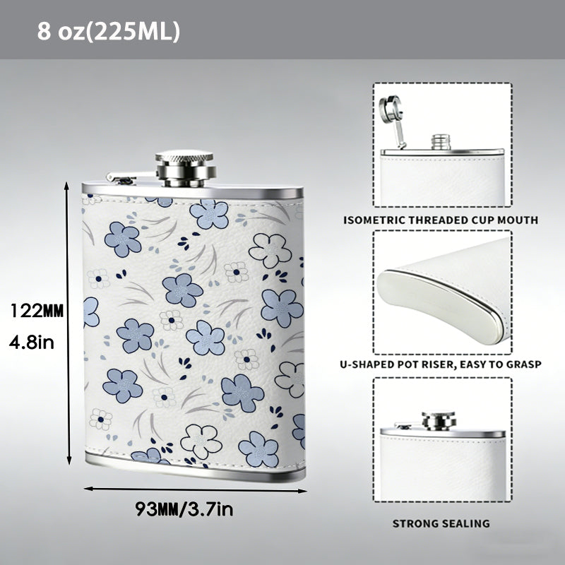 Blue and white floral pattern with tiny dots 8oz Flask, Stainless Steel Whiskey Bottle Gift  for Women, Home Kitchen Bar Tools, Gift Box, Holiday Gift, Christmas, Valentine's Day, Girlfriend, Mom, Present