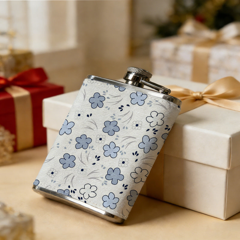 Blue and white floral pattern with tiny dots 8oz Flask, Stainless Steel Whiskey Bottle Gift  for Women, Home Kitchen Bar Tools, Gift Box, Holiday Gift, Christmas, Valentine's Day, Girlfriend, Mom, Present