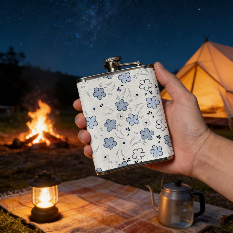 Blue and white floral pattern with tiny dots 8oz Flask, Stainless Steel Whiskey Bottle Gift  for Women, Home Kitchen Bar Tools, Gift Box, Holiday Gift, Christmas, Valentine's Day, Girlfriend, Mom, Present