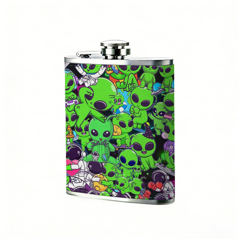 Green cartoon skulls on dark background 8oz Flask, Stainless Steel Whiskey Bottle Gift  for Women, Home Kitchen Bar Tools, Gift Box, Holiday Gift, Christmas, Valentine's Day, Girlfriend, Mom, Present