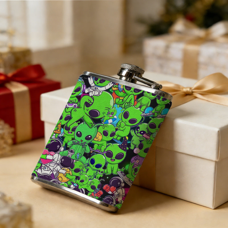Green cartoon skulls on dark background 8oz Flask, Stainless Steel Whiskey Bottle Gift  for Women, Home Kitchen Bar Tools, Gift Box, Holiday Gift, Christmas, Valentine's Day, Girlfriend, Mom, Present