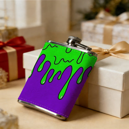Green and purple abstract wavy patterns 8oz Flask, Stainless Steel Whiskey Bottle Gift  for Women, Home Kitchen Bar Tools, Gift Box, Holiday Gift, Christmas, Valentine's Day, Girlfriend, Mom, Present