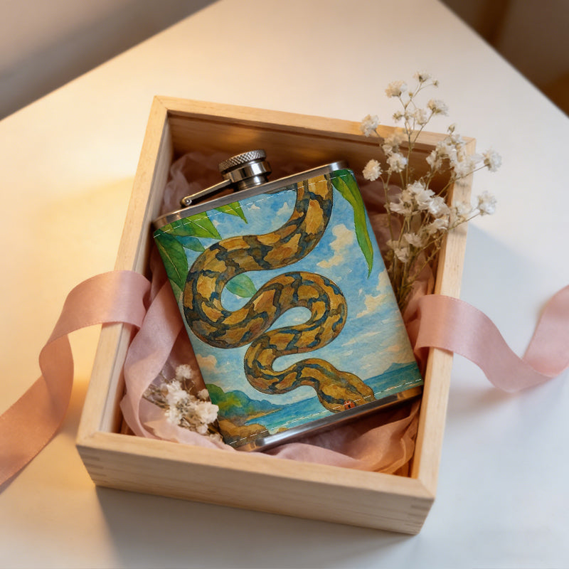 A snake on a tropical beach 1pc 8oz -Wrapped Portable Camping Flask, Stainless Steel Flat Liquor Bottle for Outdoor Use