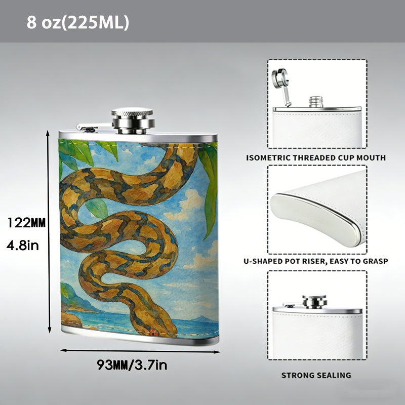 A snake on a tropical beach 1pc 8oz -Wrapped Portable Camping Flask, Stainless Steel Flat Liquor Bottle for Outdoor Use