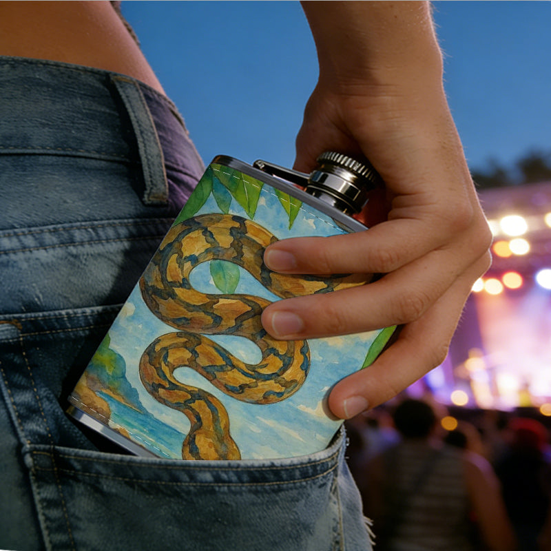 A snake on a tropical beach 1pc 8oz -Wrapped Portable Camping Flask, Stainless Steel Flat Liquor Bottle for Outdoor Use