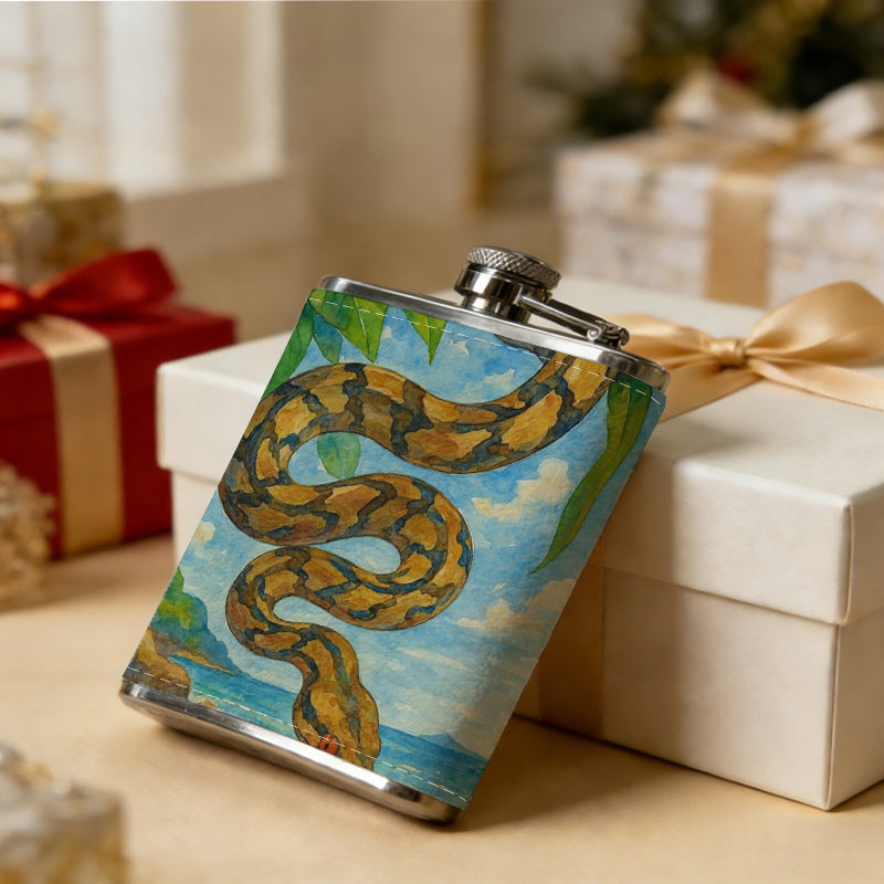A snake on a tropical beach 1pc 8oz -Wrapped Portable Camping Flask, Stainless Steel Flat Liquor Bottle for Outdoor Use