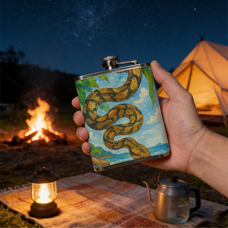 A snake on a tropical beach 1pc 8oz -Wrapped Portable Camping Flask, Stainless Steel Flat Liquor Bottle for Outdoor Use