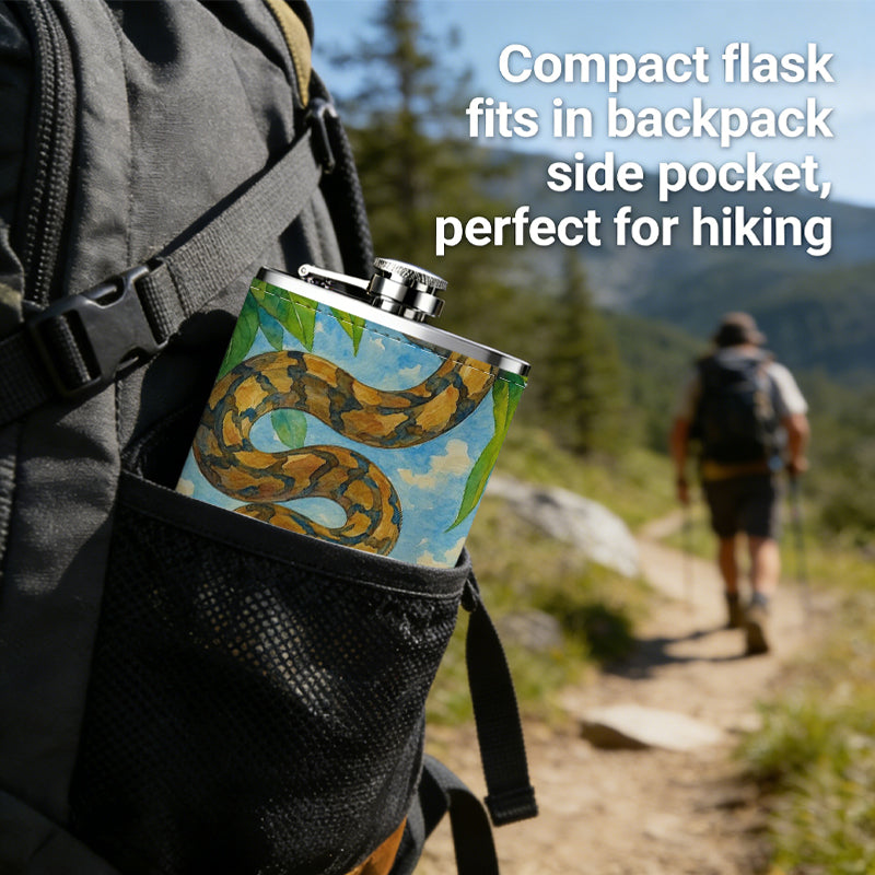 A snake on a tropical beach 1pc 8oz -Wrapped Portable Camping Flask, Stainless Steel Flat Liquor Bottle for Outdoor Use