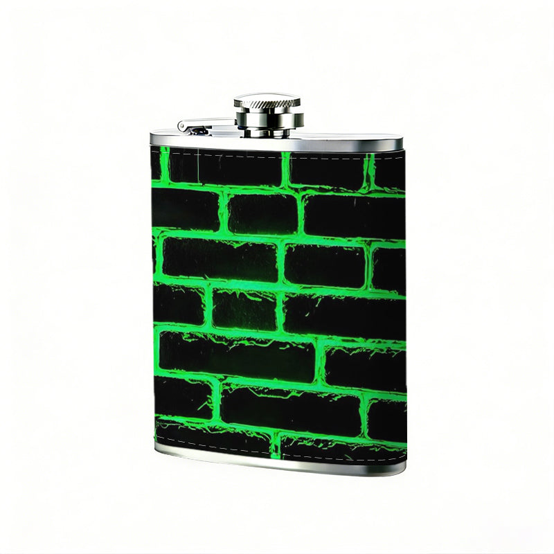 Green glowing brick wall 1pc 8oz -Wrapped Portable Camping Flask, Stainless Steel Flat Liquor Bottle for Outdoor Use