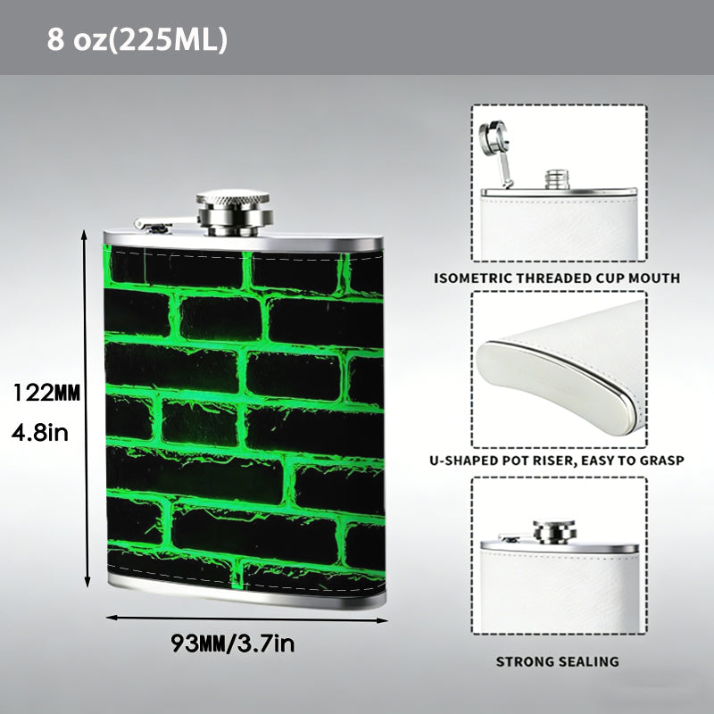Green glowing brick wall 1pc 8oz -Wrapped Portable Camping Flask, Stainless Steel Flat Liquor Bottle for Outdoor Use