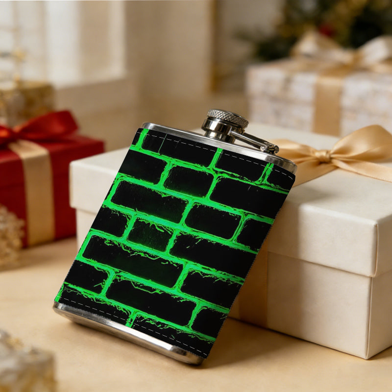 Green glowing brick wall 1pc 8oz -Wrapped Portable Camping Flask, Stainless Steel Flat Liquor Bottle for Outdoor Use