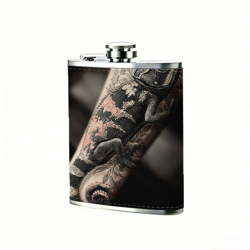 Close-up of a tattooed arm 1pc 8oz -Wrapped Portable Camping Flask, Stainless Steel Flat Liquor Bottle for Outdoor Use