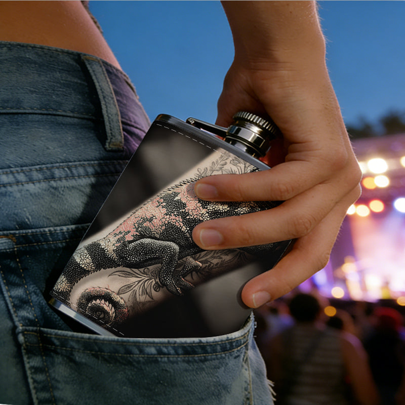 Close-up of a tattooed arm 1pc 8oz -Wrapped Portable Camping Flask, Stainless Steel Flat Liquor Bottle for Outdoor Use