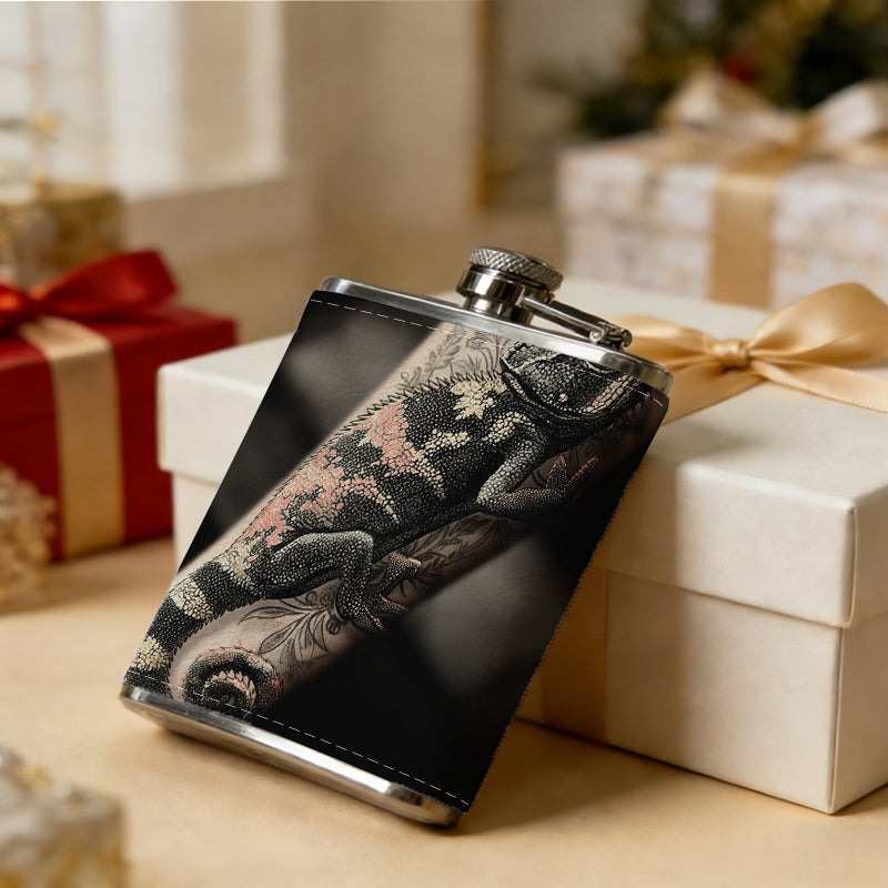 Close-up of a tattooed arm 1pc 8oz -Wrapped Portable Camping Flask, Stainless Steel Flat Liquor Bottle for Outdoor Use