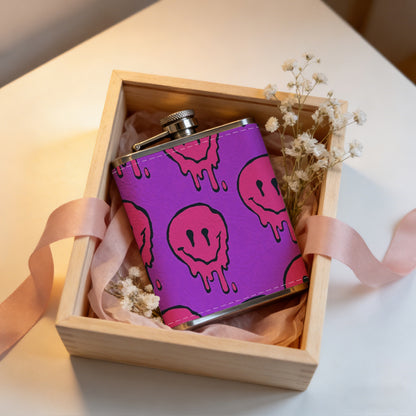 Melting pink smiley skulls on purple background 1pc 8oz -Wrapped Portable Camping Flask, Stainless Steel Flat Liquor Bottle for Outdoor Use