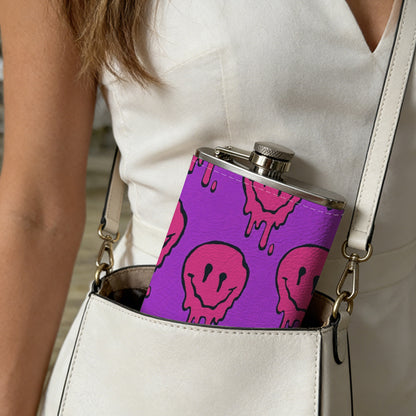 Melting pink smiley skulls on purple background 1pc 8oz -Wrapped Portable Camping Flask, Stainless Steel Flat Liquor Bottle for Outdoor Use