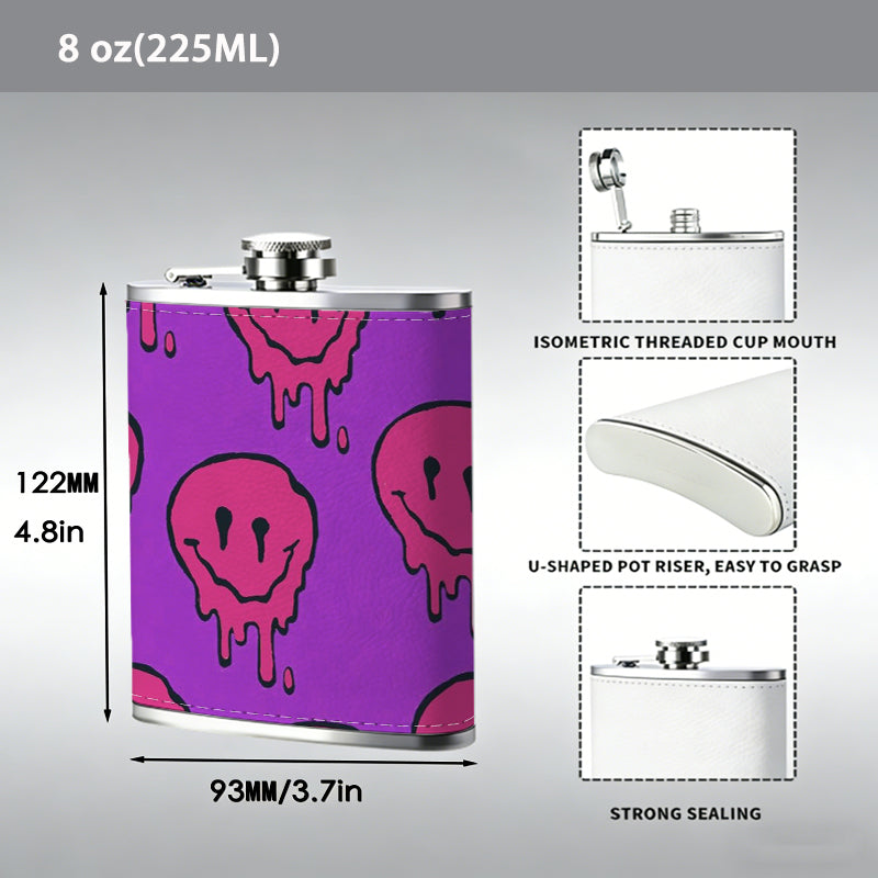 Melting pink smiley skulls on purple background 1pc 8oz -Wrapped Portable Camping Flask, Stainless Steel Flat Liquor Bottle for Outdoor Use