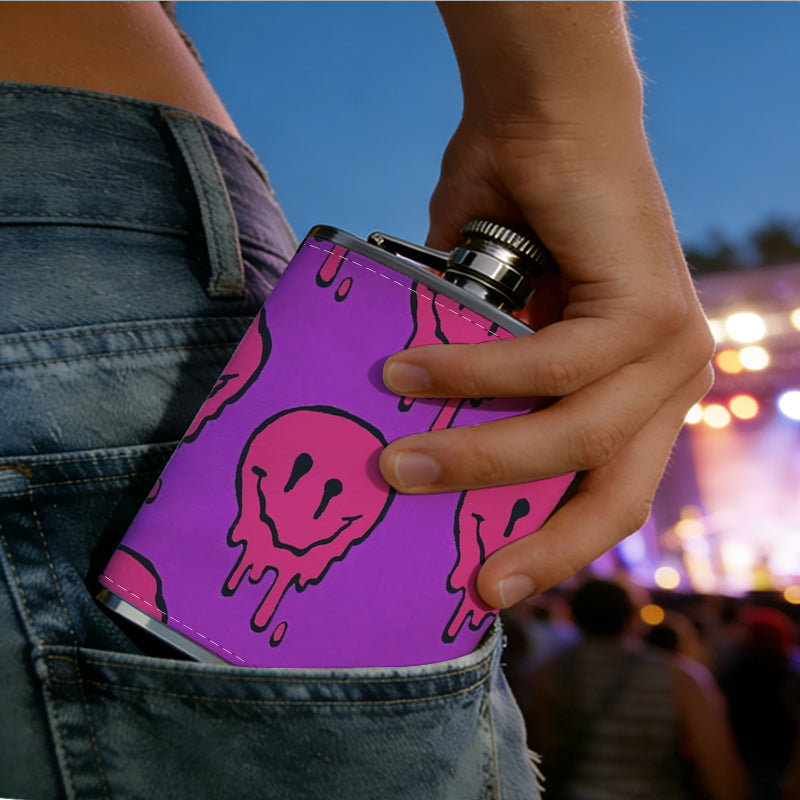 Melting pink smiley skulls on purple background 1pc 8oz -Wrapped Portable Camping Flask, Stainless Steel Flat Liquor Bottle for Outdoor Use