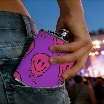 Melting pink smiley skulls on purple background 1pc 8oz -Wrapped Portable Camping Flask, Stainless Steel Flat Liquor Bottle for Outdoor Use