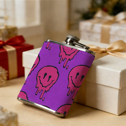Melting pink smiley skulls on purple background 1pc 8oz -Wrapped Portable Camping Flask, Stainless Steel Flat Liquor Bottle for Outdoor Use