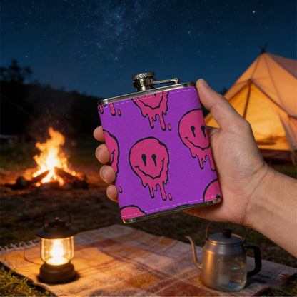 Melting pink smiley skulls on purple background 1pc 8oz -Wrapped Portable Camping Flask, Stainless Steel Flat Liquor Bottle for Outdoor Use