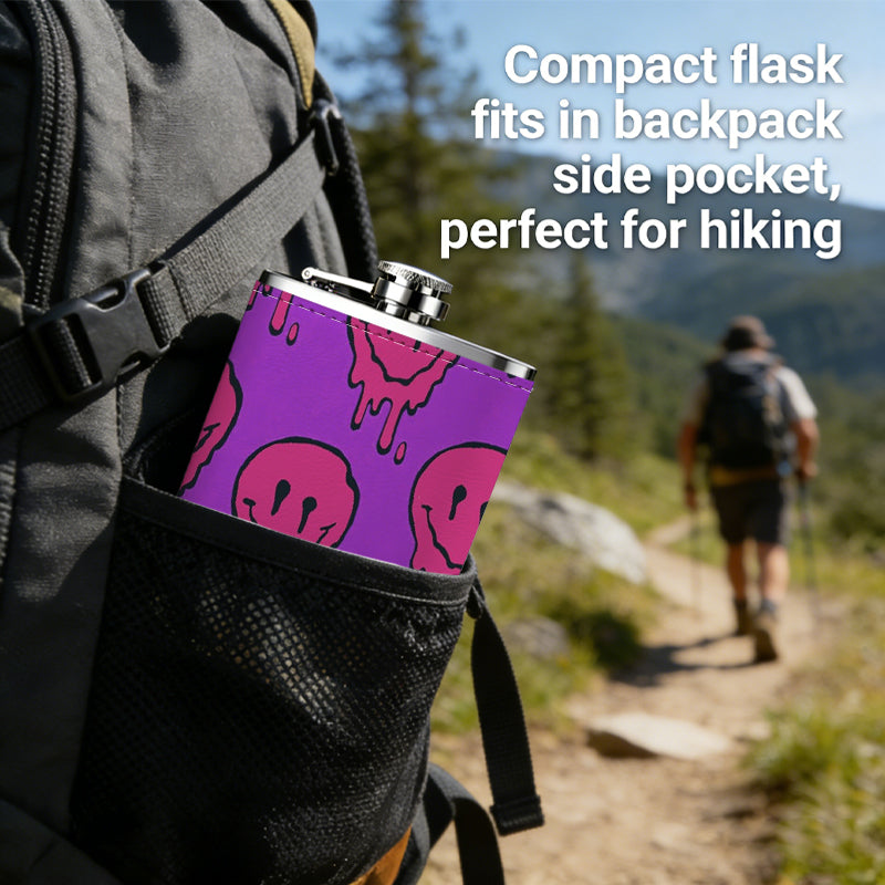 Melting pink smiley skulls on purple background 1pc 8oz -Wrapped Portable Camping Flask, Stainless Steel Flat Liquor Bottle for Outdoor Use