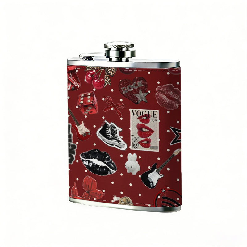 Assorted jewelry on red dotted background 1pc 8oz -Wrapped Portable Camping Flask, Stainless Steel Flat Liquor Bottle for Outdoor Use