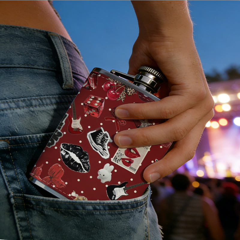 Assorted jewelry on red dotted background 1pc 8oz -Wrapped Portable Camping Flask, Stainless Steel Flat Liquor Bottle for Outdoor Use