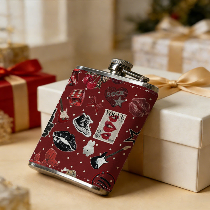 Assorted jewelry on red dotted background 1pc 8oz -Wrapped Portable Camping Flask, Stainless Steel Flat Liquor Bottle for Outdoor Use