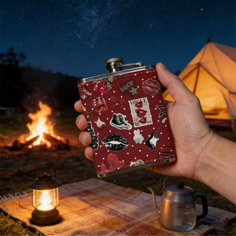 Assorted jewelry on red dotted background 1pc 8oz -Wrapped Portable Camping Flask, Stainless Steel Flat Liquor Bottle for Outdoor Use