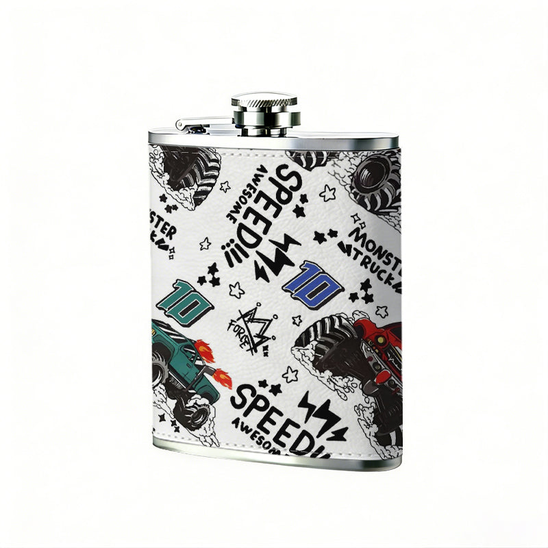 Monster truck speed themed pattern 1pc 8oz -Wrapped Portable Camping Flask, Stainless Steel Flat Liquor Bottle for Outdoor Use