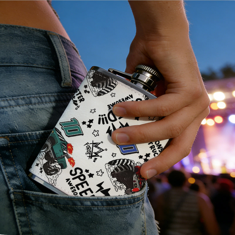 Monster truck speed themed pattern 1pc 8oz -Wrapped Portable Camping Flask, Stainless Steel Flat Liquor Bottle for Outdoor Use