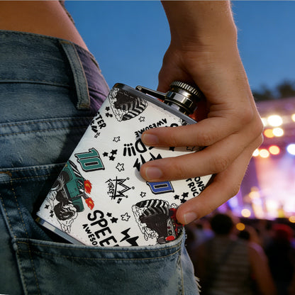 Monster truck speed themed pattern 1pc 8oz -Wrapped Portable Camping Flask, Stainless Steel Flat Liquor Bottle for Outdoor Use