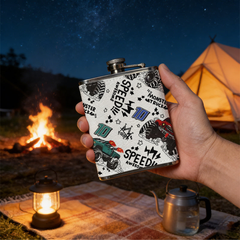 Monster truck speed themed pattern 1pc 8oz -Wrapped Portable Camping Flask, Stainless Steel Flat Liquor Bottle for Outdoor Use