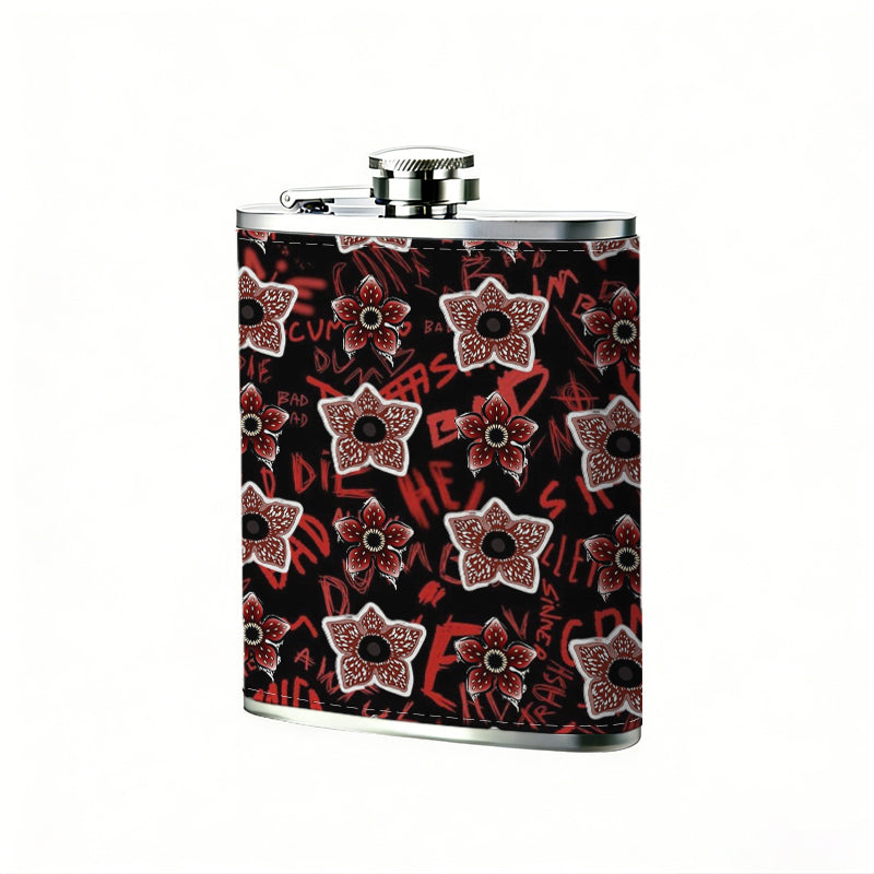 Light pink five-pointed stars on dark red background 1pc 8oz -Wrapped Portable Camping Flask, Stainless Steel Flat Liquor Bottle for Outdoor Use