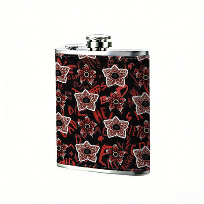 Light pink five-pointed stars on dark red background 1pc 8oz -Wrapped Portable Camping Flask, Stainless Steel Flat Liquor Bottle for Outdoor Use