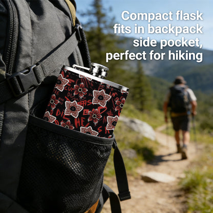 Light pink five-pointed stars on dark red background 1pc 8oz -Wrapped Portable Camping Flask, Stainless Steel Flat Liquor Bottle for Outdoor Use
