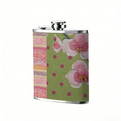 Pink flowers on striped polka dot background 1pc 8oz -Wrapped Portable Camping Flask, Stainless Steel Flat Liquor Bottle for Outdoor Use