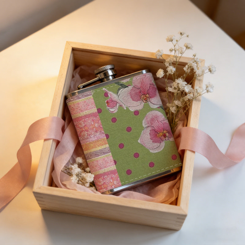 Pink flowers on striped polka dot background 1pc 8oz -Wrapped Portable Camping Flask, Stainless Steel Flat Liquor Bottle for Outdoor Use