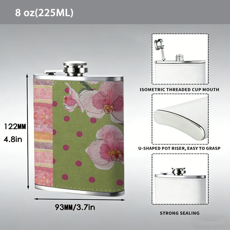 Pink flowers on striped polka dot background 1pc 8oz -Wrapped Portable Camping Flask, Stainless Steel Flat Liquor Bottle for Outdoor Use