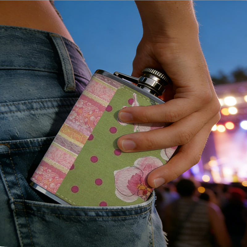 Pink flowers on striped polka dot background 1pc 8oz -Wrapped Portable Camping Flask, Stainless Steel Flat Liquor Bottle for Outdoor Use