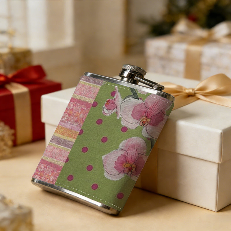 Pink flowers on striped polka dot background 1pc 8oz -Wrapped Portable Camping Flask, Stainless Steel Flat Liquor Bottle for Outdoor Use
